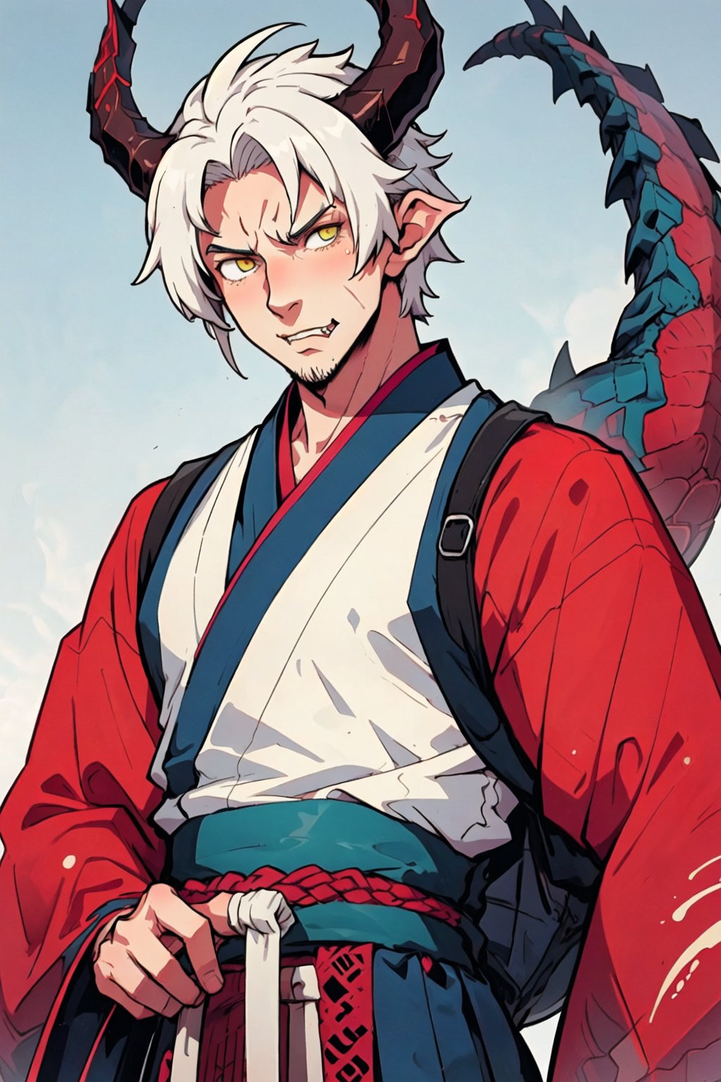 Hanfu_Dragon_Boy,1male, very short white hair, bags, blue yellow eyes, Dragon horns, handsome ,Dragon ,Scary 