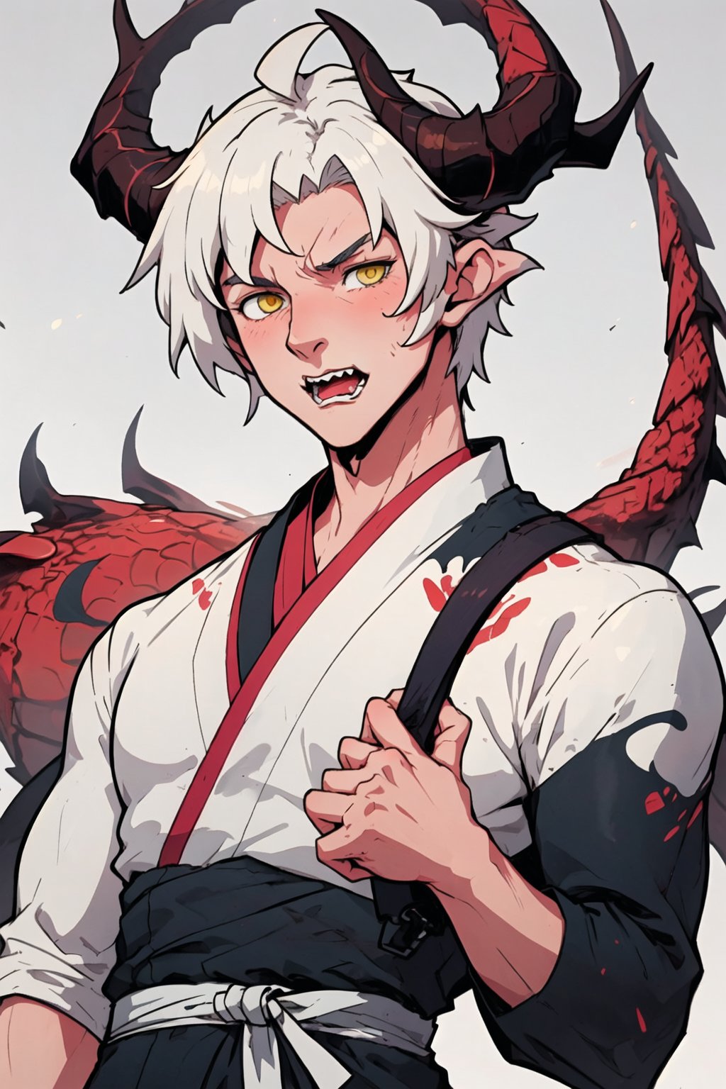 Hanfu_Dragon_Boy,1male, very short white hair, bags, blue yellow eyes, Dragon horns, handsome ,Dragon ,Scary 