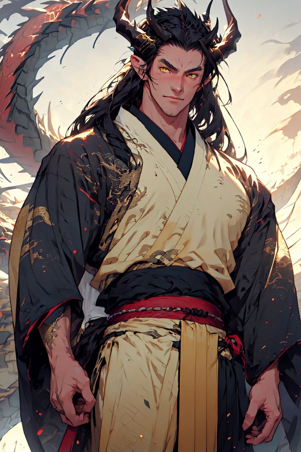 Hanfu_Dragon_Boy,1male, very long black hair, bags, gold yellow eyes, Dragon horns, handsome ,Dragon 