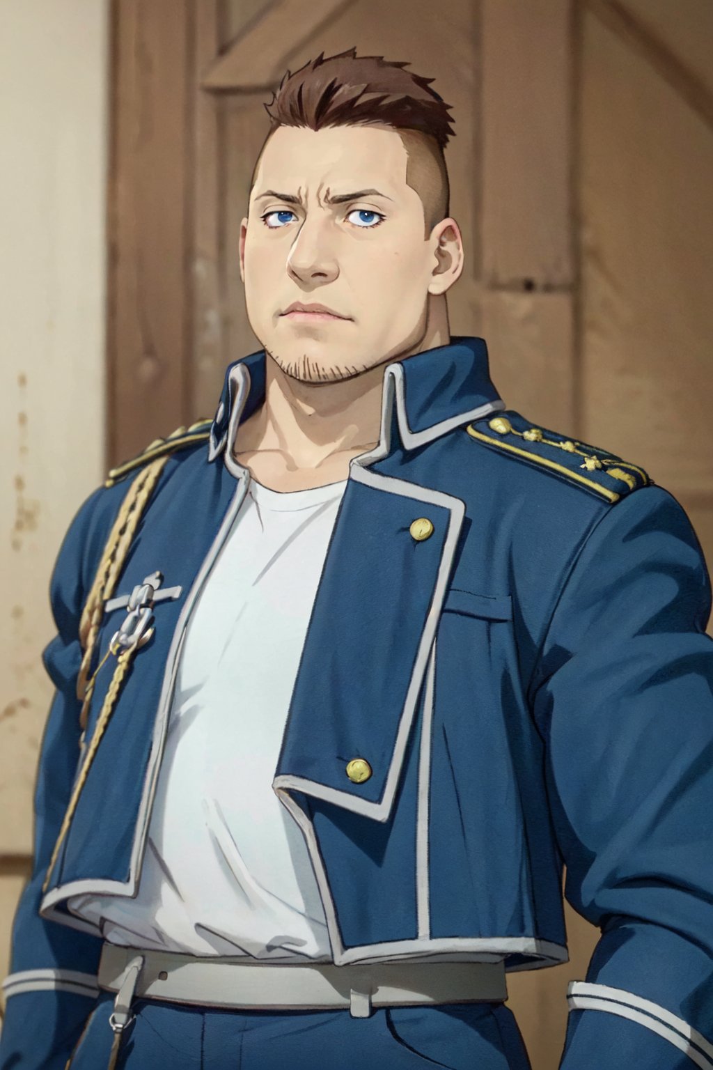 (1 image only), solo male, 1boy, Heymans Breda, Fullmetal Alchemist, anime, 2D, blue eyes, brown hair, short hair, high fade, stubble, handsome, chubby, open pure blue military uniform, confidence, charming, alluring, upper body in frame, perfect anatomy, perfect proportions, 8k, HQ, (best quality:1.2, hyperrealistic:1.2, photorealistic:1.2, masterpiece:1.3, madly detailed photo:1.2), (hyper-realistic lifelike texture:1.2, realistic eyes:1.2), high_resolution, perfect eye pupil, dutch angle,best quality, (long sleeves)