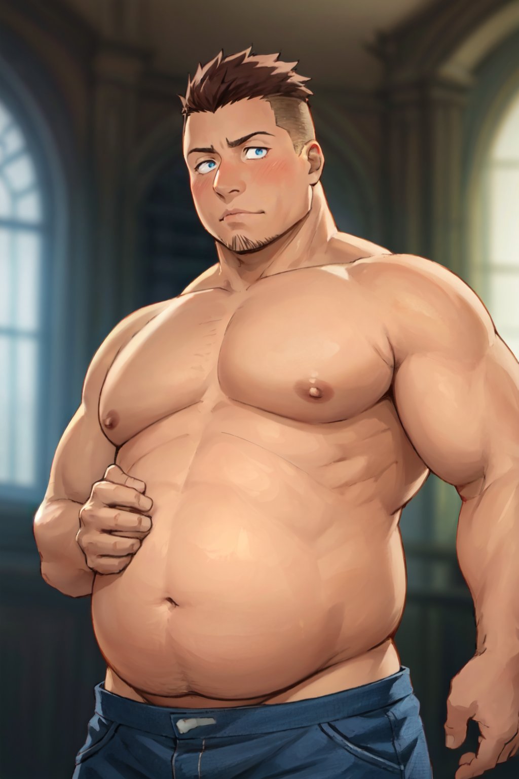 (1 image only), solo male, 1boy, Heymans Breda, Fullmetal Alchemist, anime, 2D, blue eyes, brown hair, short hair, high fade, stubble, handsome, (chubby), (topless, shirtless, bare chest, bare shoulder),  blue pants, shy, blush, charming, alluring, upper body in frame, perfect anatomy, perfect proportions, 8k, HQ, (best quality:1.2, hyperrealistic:1.2, photorealistic:1.2, masterpiece:1.3, madly detailed photo:1.2), (hyper-realistic lifelike texture:1.2, realistic eyes:1.2), high_resolution, perfect eye pupil, dutch angle,best quality