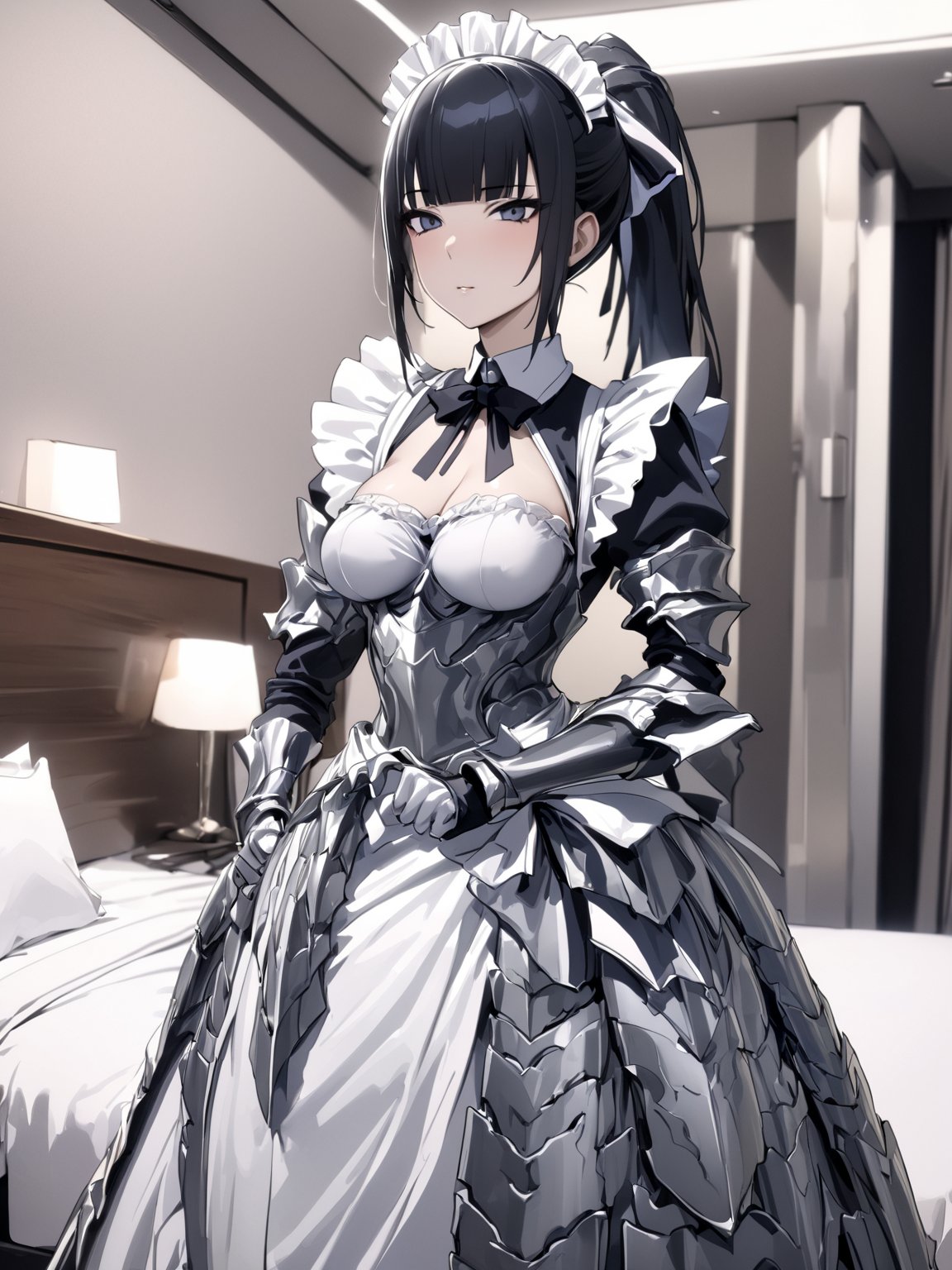 //Quality,
masterpiece, best quality, detailed
,//Character,
1girl, solo
,//Fashion,
,//Background,
hotel room
,//Others,
,narberal gamma \(overlord\), 1girl, long hair, black hair, glay eyes, bangs, ponytail, medium breats, ribbon, bow, maid, dress, armor, gloves, 