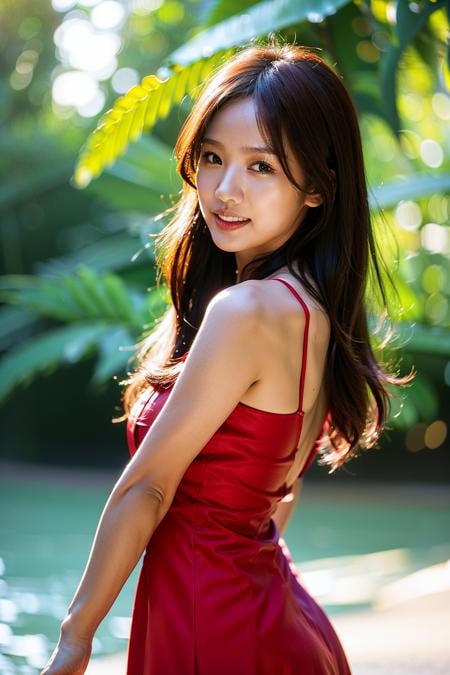 Best quality, masterpiece, ultra high res, (photorealistic), raw photo,1girl, upper body,solo, realistic, looking at viewer, teeth, long hair, bokeh background, brown eyes, red dress,  <lora:makina69_hyori_v1.0:1>