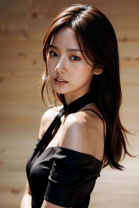 Best quality, masterpiece, ultra high res, (photorealistic), raw photo,1girl, upper body,solo, realistic, lips, looking at viewer, teeth, long hair, parted lips,  brown hair, simple background, brown eyes, black dress,  <lora:makina69_hyori_v1.0:1>