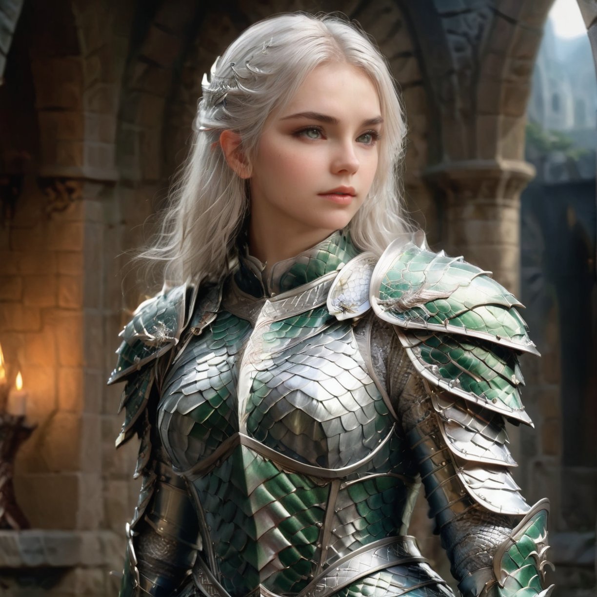 European style, fantasy, solo, cute girl, wearing dragon armor, white & silver long hair, faithing,, ruins background,(upper body:1.5) , (masterpiece), (best quality), (ultra-detailed), (an extremely delicate and beautiful), ((textile shading)), (caustics), (((sharp focus))),dragon armor,more detail XL