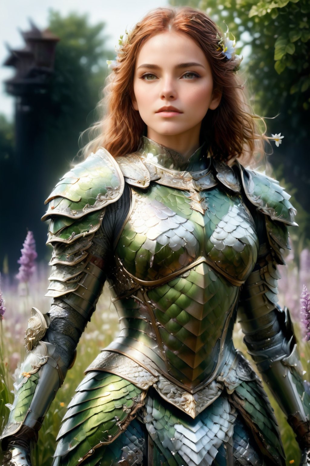 hyperrealistic full length portrait of gorgeous goddess | standing in field full of flowers | detailed gorgeous face!! | upper body!! | dragon armor | god rays | intricate | elegant | realistic | hyperrealistic | cinematic | character design | concept art | highly detailed | illustration | digital art | digital painting | depth of field,dragon armor,more detail XL