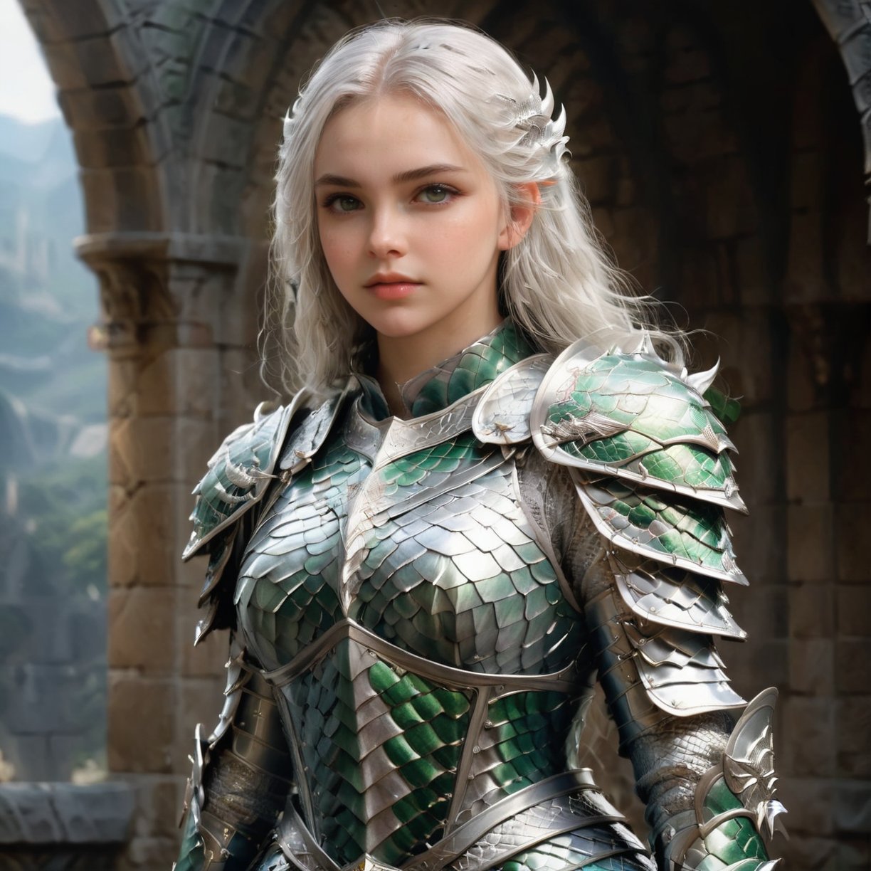 European style, fantasy, solo, cute girl, wearing dragon armor, white & silver long hair, faithing,, ruins background,(upper body:1.5) , (masterpiece), (best quality), (ultra-detailed), (an extremely delicate and beautiful), ((textile shading)), (caustics), (((sharp focus))),dragon armor,more detail XL