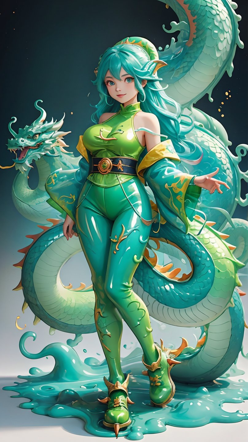 a young woman, full body, vibrant color,dragon slime,slime_girl, transparent:1.1,,masterpiece,dragon-themed