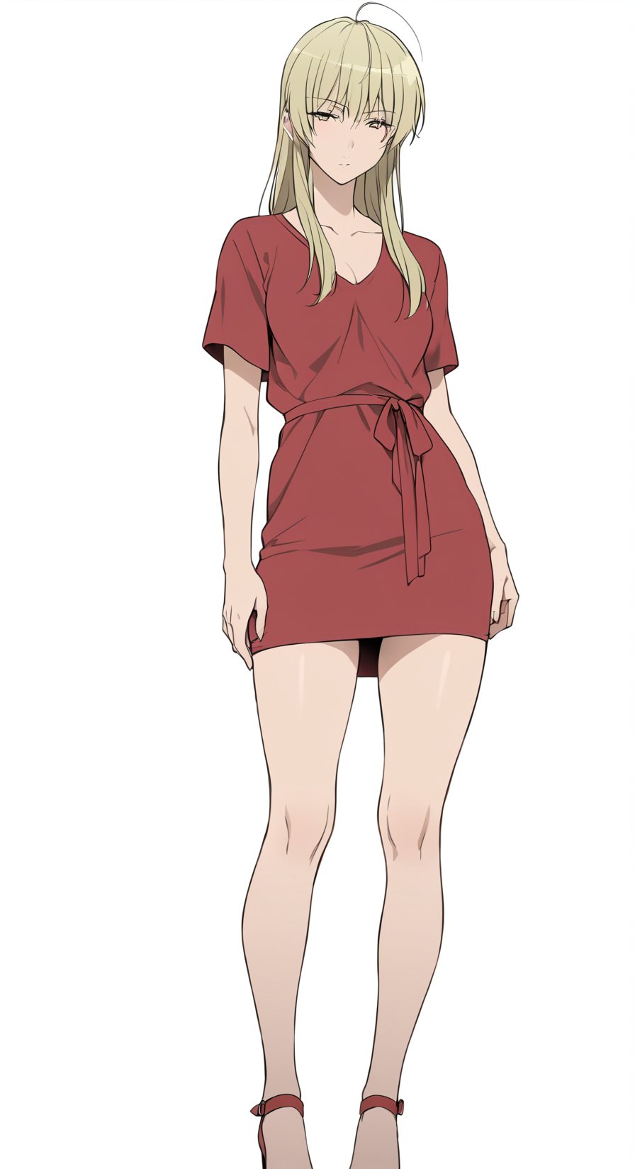 masterpiece,  best quality,  @Drei,  Cal Devens,  adult ver,  Cal Devens Adult-Ver,  1girl,  solo,  long hair,  blonde hair,  dress v neck,  short slevee,  white background,  red dress,  fullbody,  standing,  clean background,  dress covered thighs,  closed thighs,  short dress,<lora:EMS-284334-EMS:0.700000>,<lora:EMS-286606-EMS:0.800000>