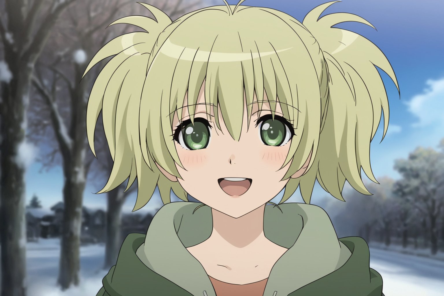 Visual Anime,  masterpiece,  best quality,  @Cal,  1girl,  solo,  twintails,  short twintails,  looking at viewer,  blush,  green eyes,  Cal green long coat,  cal main outfit,  happy,  mischievous smile,  teeth,  open mouth,  blonde hair,  outdoors,  dark,  dawn dark blue sky,  blurry,  tree,  snow,  blurry background,  anime_screencap,  fake_screenshot,  snow crystal,  Cal Devens,  Extreme detailed,  masterful,  dynamic lighting,  shirt,  blue sky,  cloud,  winter sky,  overcast,  street lamp,  solo,  upper body,  outdoors,  Cal Devens,  Cal Devens Kids-Ver,  snow particle,  falling snow,<lora:EMS-284334-EMS:0.700000>,<lora:EMS-286606-EMS:0.800000>