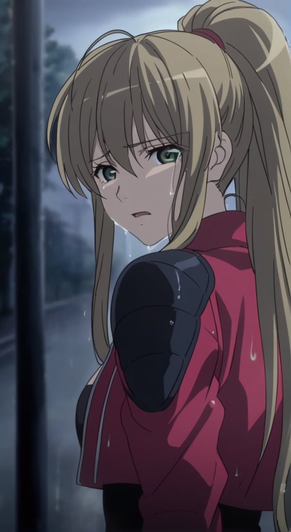 Visual Anime,  masterpiece,  best quality,  @Drei,  solo,  long hair,  ponytail,  looking at viewer,  crying_with_eyes_open,  green eyes,  black overbust corset,  cal red cropped jacket,  sadness,  open mouth,  tears running down face,  upper body,  brown hair,  outdoors,  rain,  looking back,  blurry,  tree,  blurry background,  overcast,  anime_screencap,  fake_screenshot,  dark sky,  sorrow,  sad,  wet,  Cal Devens,  Cal Devens Adult-Ver,<lora:EMS-284334-EMS:0.700000>,<lora:EMS-286606-EMS:0.800000>