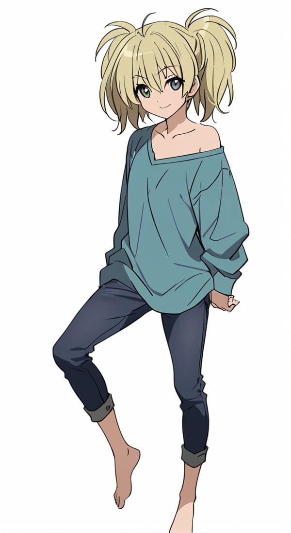 masterpiece,  best quality,  @Cal,  1girl,  solo,  green eyes,  blonde hair,  twintails,  smile,  white background,  jeans,  looking at viewer,  Cal aqua shirt,  aqua shirt,  long sleeve,  barefoot,  simple background,  fullbody,  optimal arrange,  Cal Devens,  clean background,  Cal Devens Kids-Ver,  loose shirt,<lora:EMS-286606-EMS:0.800000>,<lora:EMS-284334-EMS:0.700000>