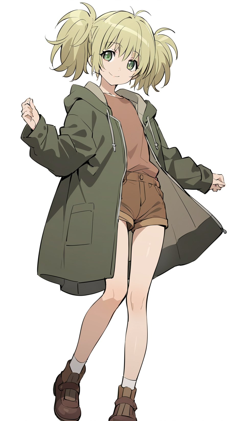 masterpiece,  best quality,  @Cal,  1girl,  solo,  green eyes,  blonde hair,  twintails,  smile,  white background,  brown shorts,  looking at viewer,  Cal green long coat,  cal main outfit,  simple background,  fullbody,  optimal arrange,  Cal Devens,  optimal arrange,  clean background,  Cal Devens Kids-Ver,<lora:EMS-284334-EMS:0.700000>,<lora:EMS-286606-EMS:0.800000>