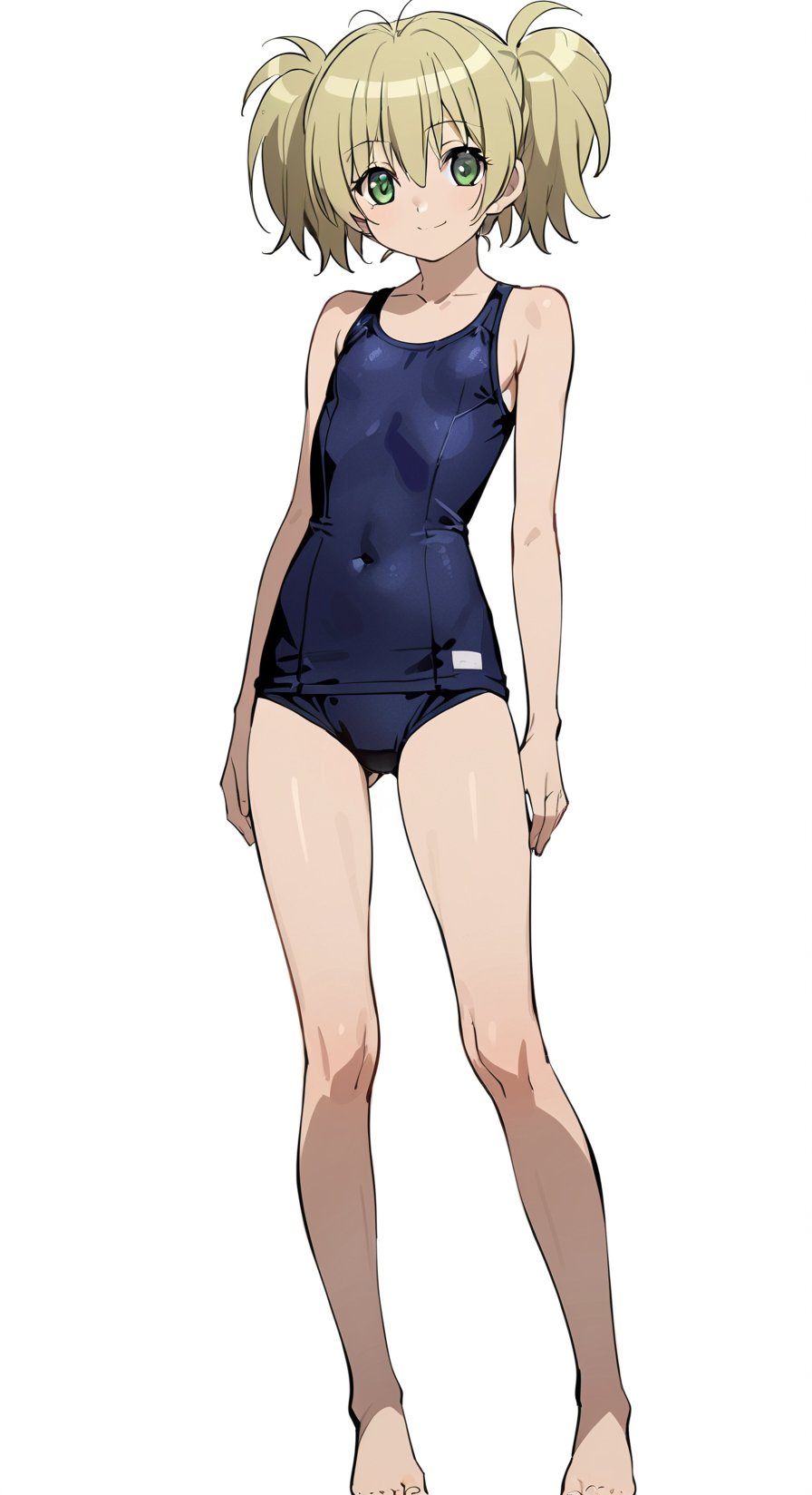 masterpiece,  best quality,  @Cal,  1girl,  green eyes,  blonde hair,  twintails,  smile,  white background,  swimsuit,  barefoot,  looking at viewer,  short twintails,  one-piece swimsuit,  school swimsuit,  simple background,  solo,  fullbody,  optimal arrange,  Cal Devens,  optimal arrange,  clean background,  Cal Devens Kids-Ver,<lora:EMS-284334-EMS:0.700000>,<lora:EMS-286606-EMS:0.800000>