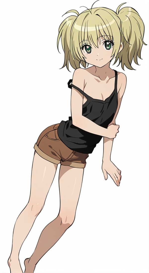 masterpiece,  best quality,  @Cal,  1girl,  solo,  green eyes,  blonde hair,  twintails,  smile,  white background,  brown shorts,  looking at viewer,  black tank top,  strap slip,  Cal black tank top,  barefoot,  simple background,  fullbody,  optimal arrange,  Cal Devens,  clean background,  Cal Devens Kids-Ver,<lora:EMS-284334-EMS:0.700000>,<lora:EMS-286606-EMS:0.800000>