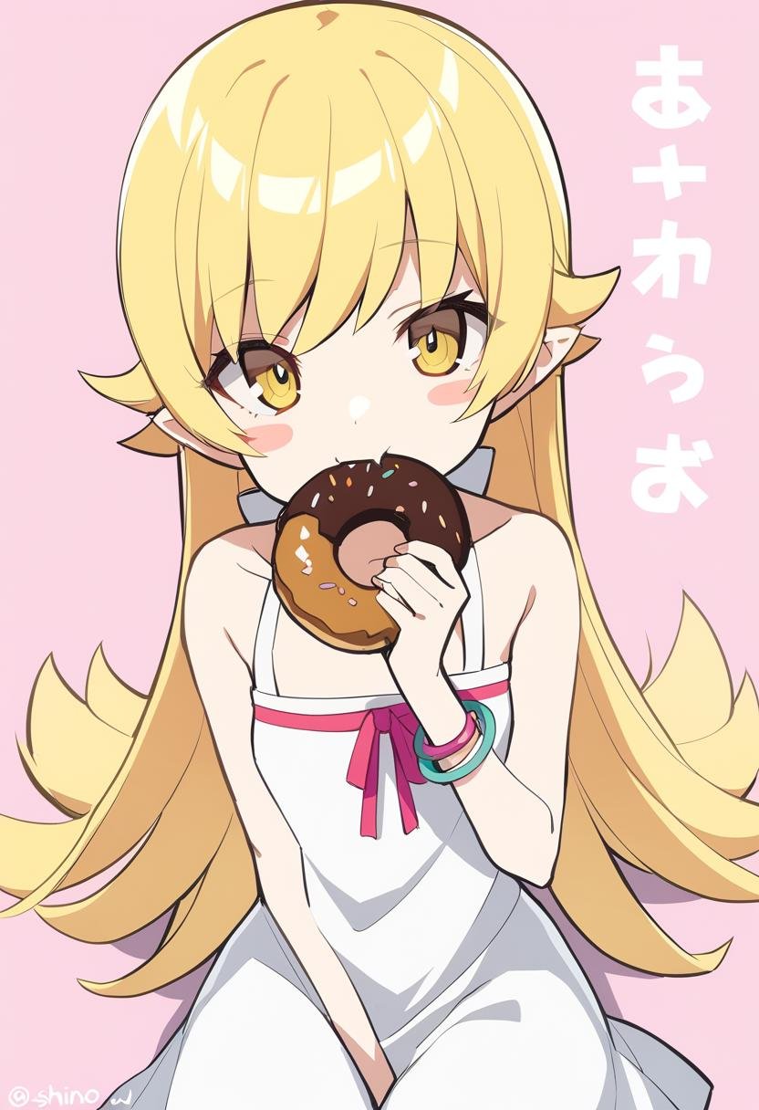 1girl, oshino shinobu, blonde hair, long hair, solo, doughnut, food, eating, blush stickers, dress, yellow eyes, holding, white dress, holding food, bracelet, pointy ears, looking at viewer, jewelry, bare shoulders, sleeveless dress, character name, collarbone, :t, pink background, bangs, twitter username, sleeveless, sitting, <lora:Char - Oshino Shinobu - v1 - Bionagato>