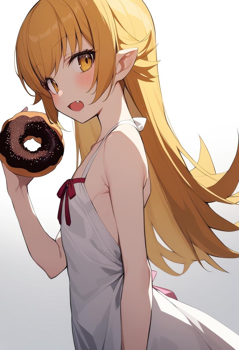 1girl, oshino shinobu, arched back, armpit crease, backless dress, backless outfit, blonde hair, blush, collarbone, doughnut, dress, eyelashes, fang, film grain, flat chest, food, gradient background, grey background, hand up, holding, long hair, looking at viewer, open mouth, pointy ears, shadow, sidelocks, skinny, sleeveless, sleeveless dress, solo, upper body, vampire, white background, white dress, yellow eyes, <lora:Char - Oshino Shinobu - v1 - Bionagato>