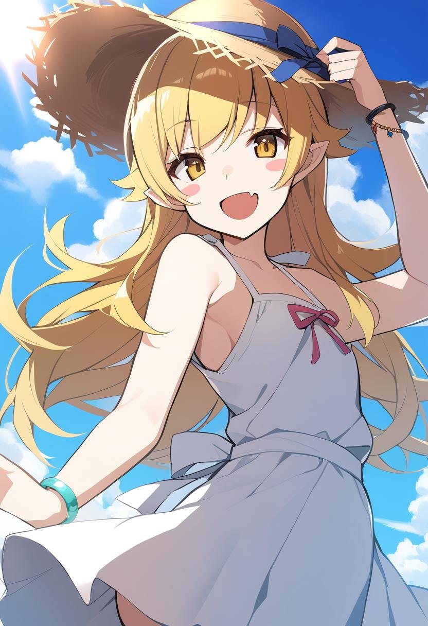 1girl, oshino shinobu, long hair, blonde hair, solo, hat, yellow eyes, dress, fang, open mouth, sky, sun hat, smile, looking at viewer, bracelet, day, cloud, blush stickers, jewelry, blue sky, ass, skin fang, outdoors, straw hat, sundress, apron, bare shoulders, :d, pointy ears, white dress, hand on headwear, blush, selfie, <lora:Char - Oshino Shinobu - v1 - Bionagato>