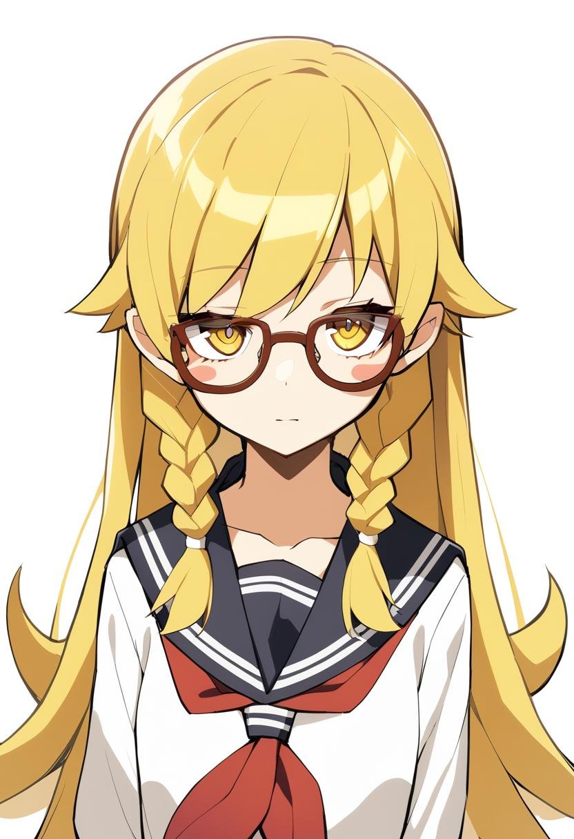 1girl, shinobu oshino, blonde hair, solo, school uniform, glasses, yellow eyes, long hair, blush stickers, twin braids, braid, looking at viewer, serafuku, upper body, neckerchief, collarbone, closed mouth, bespectacled, <lora:Char - Oshino Shinobu - v1 - Bionagato>