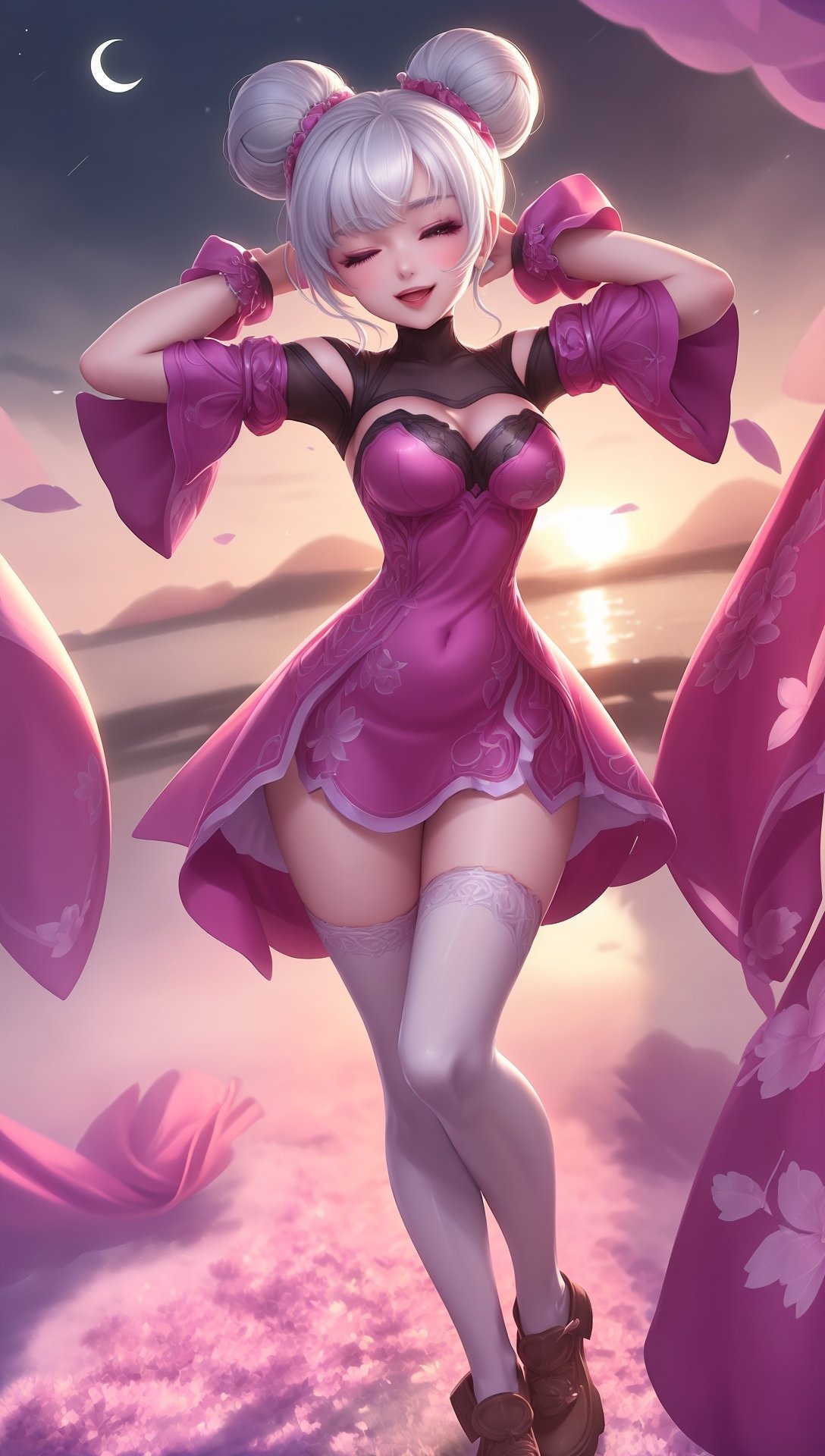 (1girl),smooth chin,masterpiece,detailed face,((hair ornament)),top quality,4k,make up,best quality,legs,medium breasts,sleeves,Shawl,night sky,looking at viewer,giggling,<lora:王者_小乔_原皮_v1.0:0.71>,white hair,pink eyes,hair bun,hair bangs,arms behind head,(standing:1.5),spread legs,wide sleeves,skirt,one eye closed,