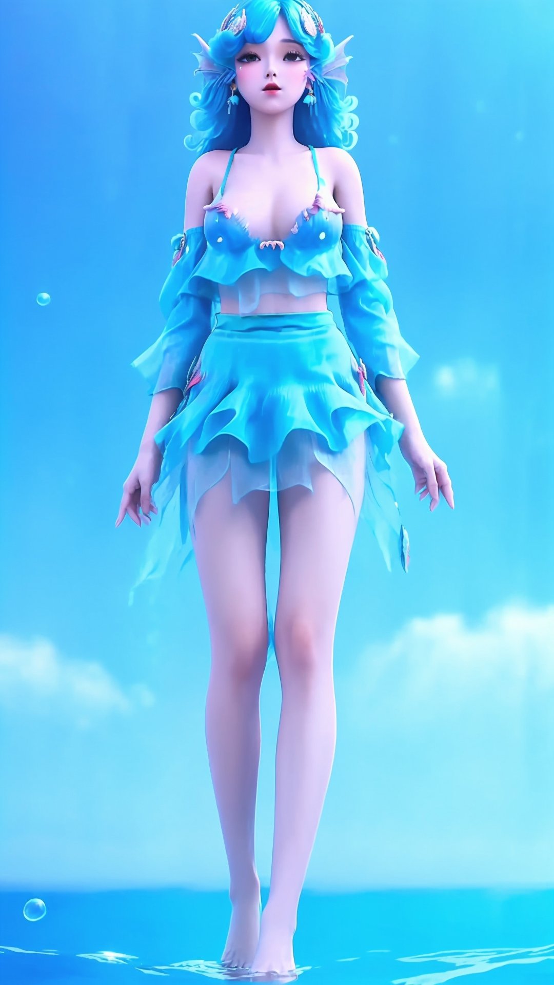 (1girl),smooth chin,masterpiece,detailed face,((hair ornament)),top quality,4k,make up,best quality,alone,single,solo,only one,one character,blush,(body blush),(detached sleeves),earrings,see-through clothes,(blue hair),under water,(head fins),long hair,(from below),ocean,long fish tail,fish,(huge breasts),fish tail,fish leg,(puffy hair:1.13),head wings,frilled skirt,frilled clothes,model,looking at viewer,mature female,frilled shirt,bubble skirt,green skirt,full body,(detached shirt),mermaid tail,neeless mermaid,bandeau,(nude:1.251),(nipples),blue skirt,<lora:王者_朵莉亚 v2.0:0.78>,