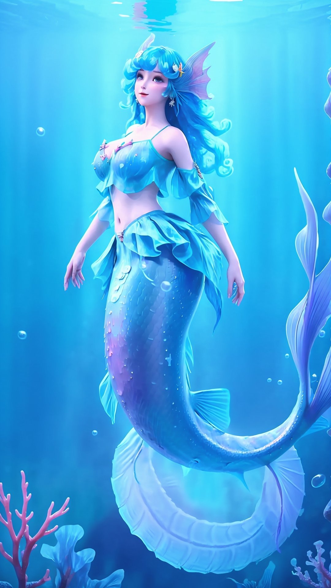 (1girl),smooth chin,masterpiece,detailed face,((hair ornament)),top quality,4k,make up,best quality,alone,single,solo,only one,one character,blush,(body blush),(detached sleeves),earrings,see-through clothes,(blue hair),under water,(head fins),long hair,(from below),ocean,long fish tail,fish,(huge breasts:1.33),fish tail,fish leg,(puffy hair:1.13),head wings,frilled skirt,frilled clothes,looking at viewer,frilled shirt,bubble skirt,green skirt,full body,(detached shirt),(mermaid tail),neeless mermaid,bandeau,(nude:1.251),(nipples),blue skirt,<lora:王者_朵莉亚 v2.0:0.78>,