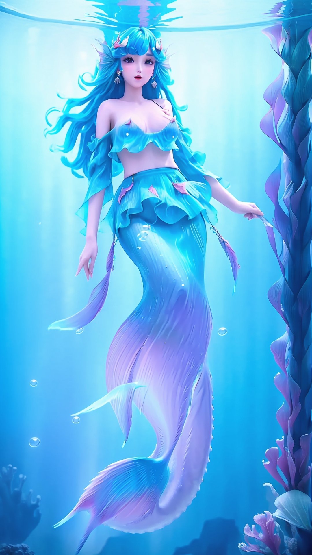 (1girl),smooth chin,masterpiece,detailed face,((hair ornament)),top quality,4k,make up,best quality,alone,single,solo,only one,one character,blush,(body blush),(detached sleeves),earrings,see-through clothes,(blue hair),under water,(head fins),long hair,(from below),ocean,long fish tail,fish,(huge breasts),fish tail,fish leg,(puffy hair:1.13),head wings,frilled skirt,frilled clothes,model,looking at viewer,mature female,frilled shirt,bubble skirt,green skirt,full body,(detached shirt),mermaid tail,neeless mermaid,bandeau,(nude:1.251),(nipples),blue skirt,<lora:王者_朵莉亚 v2.0:0.78>,