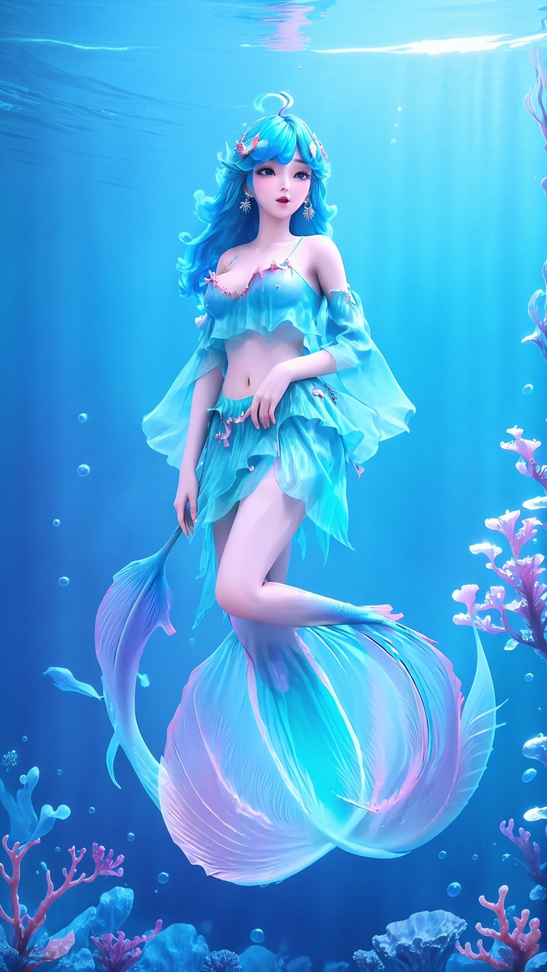 (1girl),smooth chin,masterpiece,detailed face,((hair ornament)),top quality,4k,make up,best quality,alone,single,solo,only one,one character,blush,(body blush),(detached sleeves),earrings,see-through clothes,(blue hair),under water,(head fins),long hair,(from below),ocean,long fish tail,fish,(huge breasts),fish tail,fish leg,(puffy hair:1.13),head wings,frilled skirt,frilled clothes,model,looking at viewer,mature female,frilled shirt,bubble skirt,green skirt,full body,(detached shirt),mermaid tail,neeless mermaid,bandeau,(nude:1.251),(nipples),blue skirt,<lora:王者_朵莉亚 v2.0:0.78>,