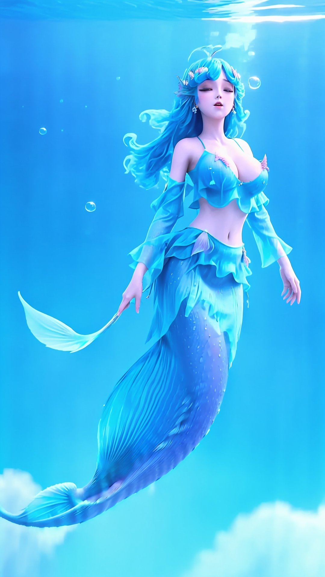 (1girl),smooth chin,masterpiece,detailed face,((hair ornament)),top quality,4k,make up,best quality,alone,single,solo,only one,one character,blush,(body blush),(detached sleeves),earrings,see-through clothes,(blue hair),under water,(head fins),long hair,(from below),ocean,long fish tail,fish,(huge breasts:1.33),fish tail,fish leg,(puffy hair:1.13),head wings,frilled skirt,frilled clothes,looking at viewer,frilled shirt,bubble skirt,green skirt,full body,(detached shirt),(mermaid tail),neeless mermaid,bandeau,(nude:1.251),(nipples),blue skirt,<lora:王者_朵莉亚 v2.0:0.78>,