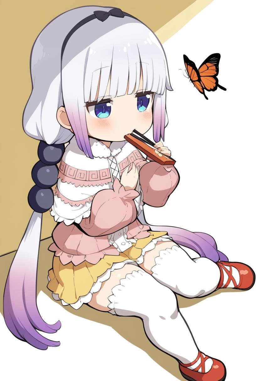 1girl, kanna kamui, bento, blue eyes, blush, bug, butterfly, capelet, chopsticks, distracted, eating, female focus, full body, gradient hair, insect, low twintails, multicolored hair, no nose, open mouth, purple hair, red footwear, shoes, sitting, skirt, solo, thighhighs, twintails, upskirt, white hair, white thighhighs, yellow skirt, masterpiece, best quality, <lora:Char - Kanna Kamui - v1 - Bionagato:1>