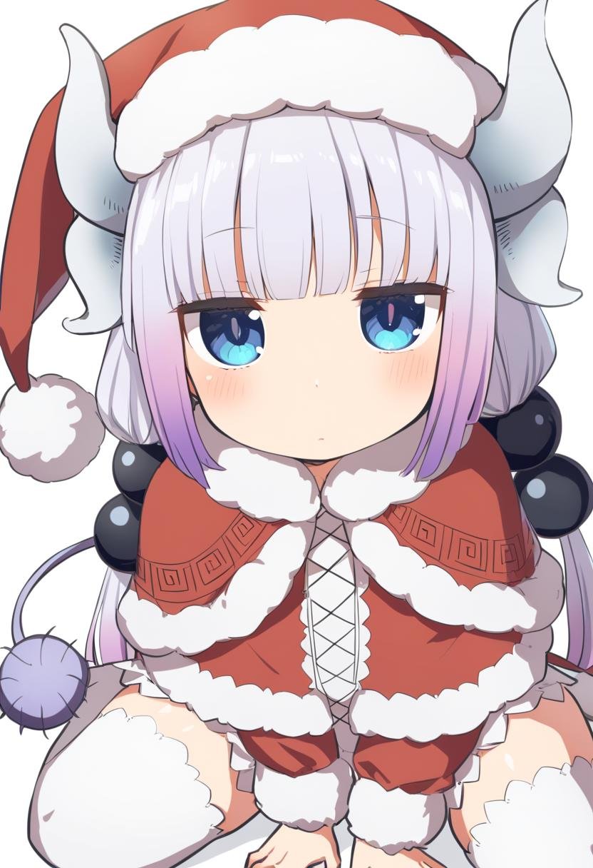 1girl, kanna kamui, kanna kamui, beads, blue eyes, blush, capelet, christmas, dragon girl, dragon horns, dragon tail, dress, expressionless, fur-trimmed capelet, fur-trimmed dress, fur-trimmed headwear, fur trim, hair beads, hair ornament, hat, horns, looking at viewer, low twintails, merry christmas, santa costume, santa hat, sitting, solo, star (symbol), tail, thighhighs, twintails, wariza, white background, white thighhighs, <lora:Char - Kanna Kamui - v1 - Bionagato:1>