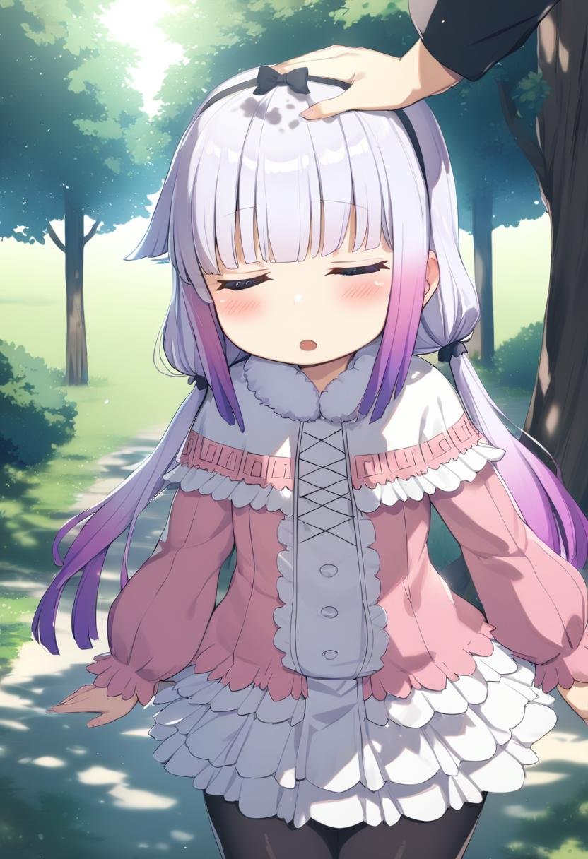 2girls, kanna kamui, headpat, closed eyes, blush, dappled sunlight, day, dress, gradient hair, long hair, long sleeves, multicolored hair, open mouth, outdoors, pantyhose, purple hair, sunlight, tree, <lora:Char - Kanna Kamui - v1 - Bionagato:1>