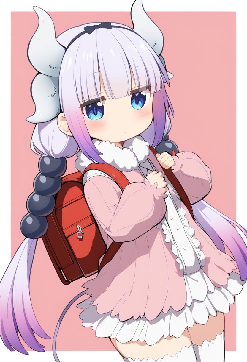 1girl, kanna kamui, backpack, bag, beads, blue eyes, blush, border, closed mouth, cowboy shot, dragon girl, dragon horns, dragon tail, dress, fur trim, hair beads, hair ornament, holding strap, horns, koharu hako, long hair, long sleeves, low twintails, outside border, pink background, pink dress, puffy long sleeves, puffy sleeves, purple hair, randoseru, red bag, short dress, solo, tail, thighhighs, twintails, white border, white thighhighs, <lora:Char - Kanna Kamui - v1 - Bionagato:1>