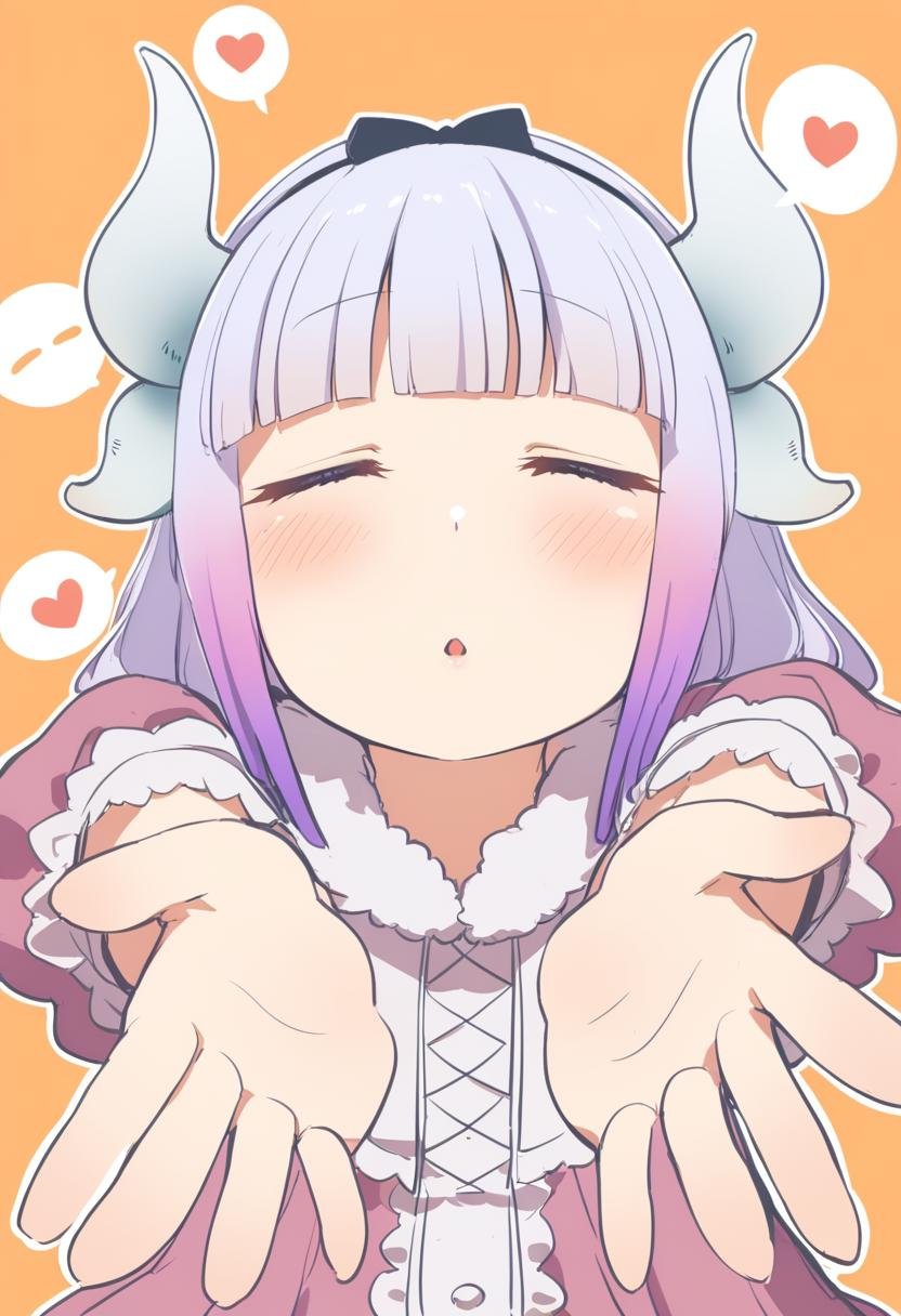 1girl, kanna kamui, = =, blunt bangs, blush, closed eyes, dragon girl, dragon horns, dress, heart, horns, incoming kiss, orange background, outline, parted lips, purple dress, purple hair, reaching, reaching towards viewer, simple background, solo, speech bubble, spoken heart, white outline, <lora:Char - Kanna Kamui - v1 - Bionagato:1>