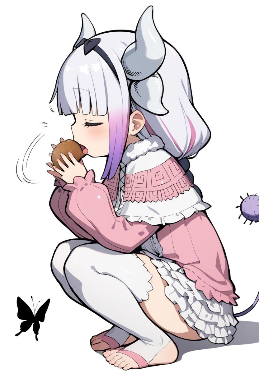 1girl, kanna kamui, black hairband, blunt bangs, blush, bug, butterfly, capelet, child, closed eyes, dress, eating, feet, female focus, flat chest, frilled dress, frilled sleeves, frills, from side, full body, fur-trimmed capelet, fur trim, gradient hair, hair ornament, hairband, hands on own knees, horns, insect, legs together, long hair, long sleeves, motion lines, multicolored hair, open mouth, own hands together, pink capelet, pink dress, purple hair, shiny skin, sidelocks, simple background, solo, squatting, stirrup legwear, tail, thighhighs, toeless legwear, two-tone hair, white background, white hair, white horns, white thighhighs, zettai ryouiki, masterpiece, best quality, <lora:Char - Kanna Kamui - v1 - Bionagato:1>