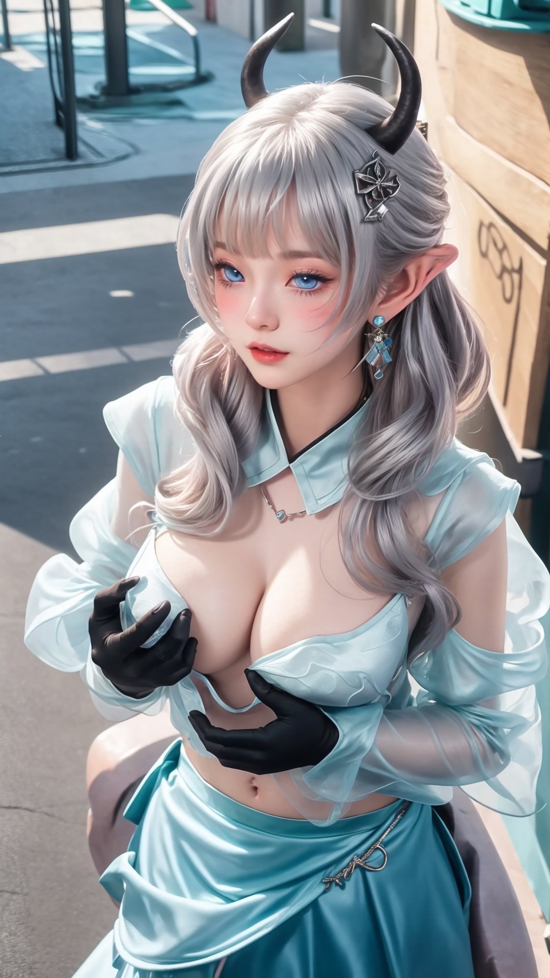 (1girl),smooth chin,masterpiece,detailed face,((hair ornament)),top quality,4k,make up,best quality,blush,(body blush),(detached sleeves),earrings,see-through,long hair,(huge breasts),(looking at viewer),full body,<lora:SDXL模﷿器_v2.0:0.21>,open clothes,nipples,silver hair,horns,pointed ears,(blue eyes),(transparent skirt),puffy hair,colorful skirt,(nude:1.19),(light blue),skirt lift,black gloves,wind lift,grey clothes,navel,street,on roof,crowd,<lora:王者_瑶_山海碧波行 v1.1:0.81>,