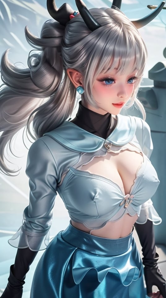 (1girl),smooth chin,masterpiece,detailed face,((hair ornament)),top quality,4k,make up,best quality,blush,(body blush),(detached sleeves),earrings,see-through,long hair,(huge breasts),(looking at viewer),full body,<lora:SDXL模﷿器_v2.0:0.21>,open clothes,nipples,silver hair,horns,pointed ears,(blue eyes),(transparent skirt),puffy hair,colorful skirt,(nude:1.16),(light blue),skirt lift,black gloves,wind lift,grey clothes,navel,street,on roof,crowd,<lora:王者_瑶_山海碧波行 v1.1:0.81>,