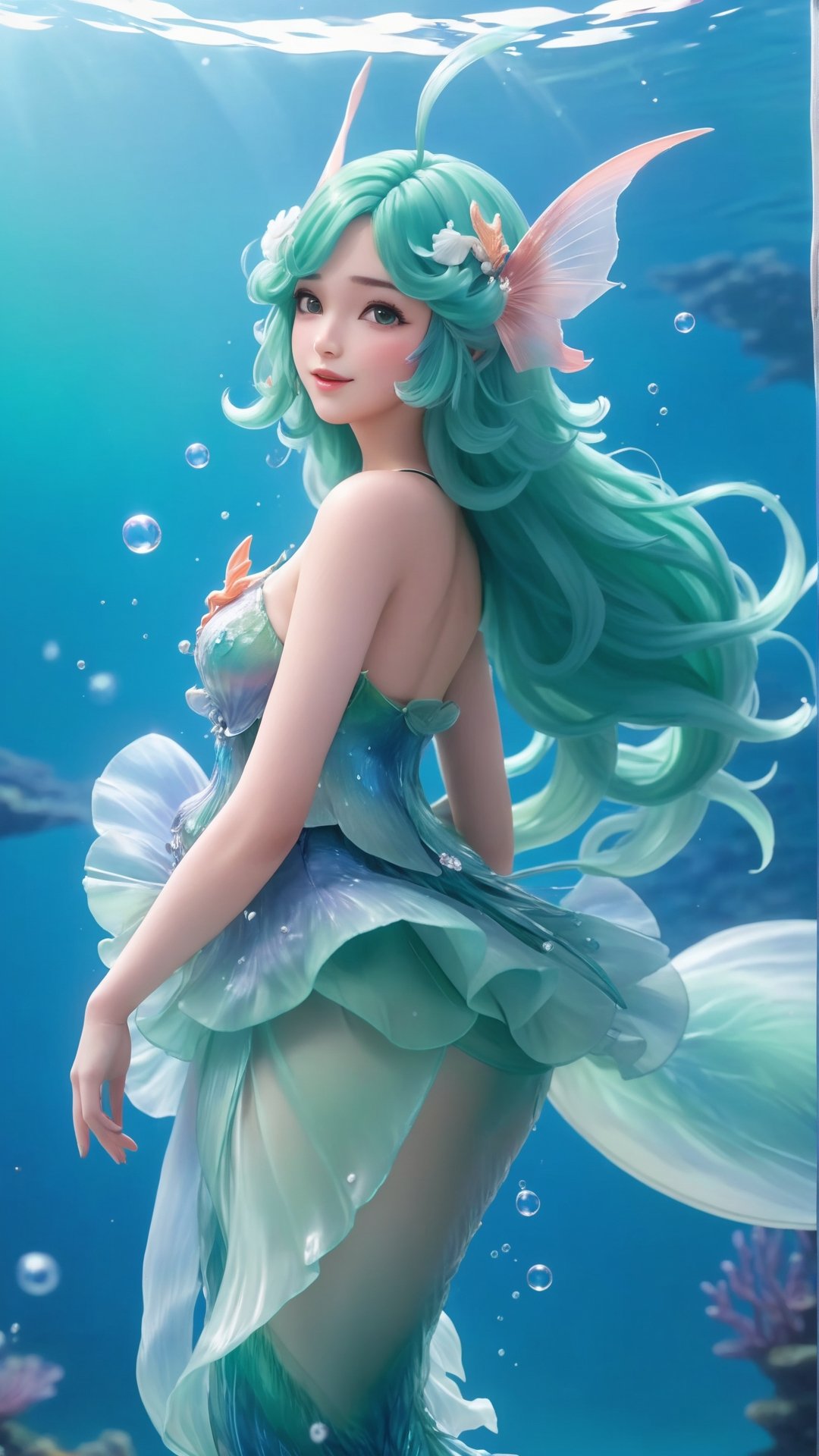 (1girl),smooth chin,masterpiece,detailed face,((hair ornament)),top quality,4k,make up,best quality,alone,single,solo,only one,one character,blush,(body blush),(detached sleeves),earrings,green skirt,see-through clothes,(blue hair),under water,(head fins),long hair,(from below),ocean,head fins,fish tail,fish,huge breasts,arms up,fish tail,fish leg,Bouque,puffy hair,head wings,frilled skirt,frilled clothes,model,looking at viewer,mature male,frilled shirt,<lora:王者_朵莉亚_原皮_v1.0:0.65>,bubble skirt,full body,(detached shirt),mermaid tail,puffy jacket,kneeless mermaid,