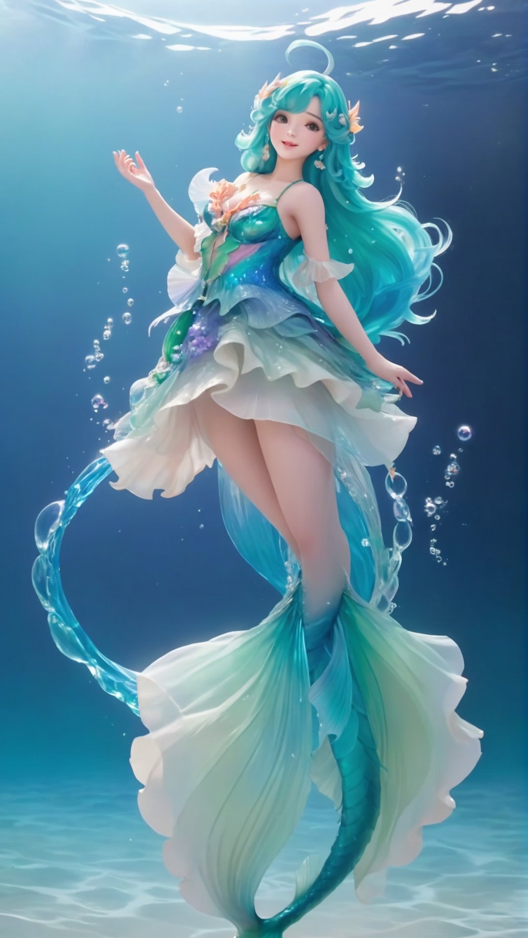 (1girl),smooth chin,masterpiece,detailed face,((hair ornament)),top quality,4k,make up,best quality,alone,single,solo,only one,one character,blush,(body blush),(detached sleeves),earrings,green skirt,see-through clothes,(blue hair),under water,(head fins),long hair,(from below),ocean,head fins,fish tail,fish,huge breasts,arms up,fish tail,fish leg,Bouque,puffy hair,head wings,frilled skirt,frilled clothes,model,looking at viewer,mature male,frilled shirt,<lora:王者_朵莉亚_原皮_v1.0:0.65>,bubble skirt,full body,(detached shirt),mermaid tail,puffy jacket,kneeless mermaid,