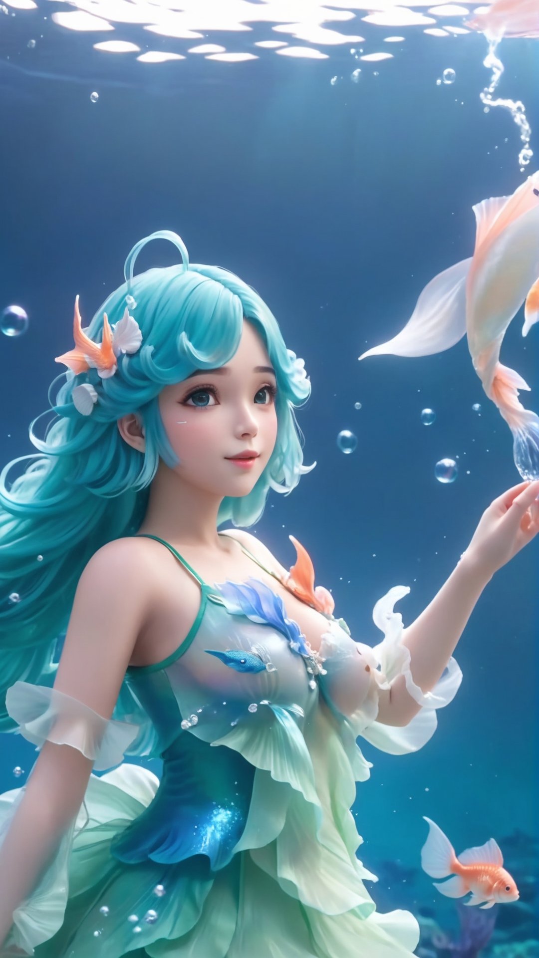 (1girl),smooth chin,masterpiece,detailed face,((hair ornament)),top quality,4k,make up,best quality,alone,single,solo,only one,one character,blush,(body blush),(detached sleeves),earrings,see-through clothes,(blue hair),under water,(head fins),long hair,(from below),ocean,head fins,fish tail,fish,huge breasts,arms up,fish tail,fish leg,Bouque,puffy hair,head wings,frilled skirt,frilled clothes,model,looking at viewer,mature male,frilled shirt,<lora:王者_朵莉亚_原皮_v1.0:0.65>,bubble skirt,green skirt,full body,(detached shirt),mermaid tail,puffy jacket,kneeless mermaid,