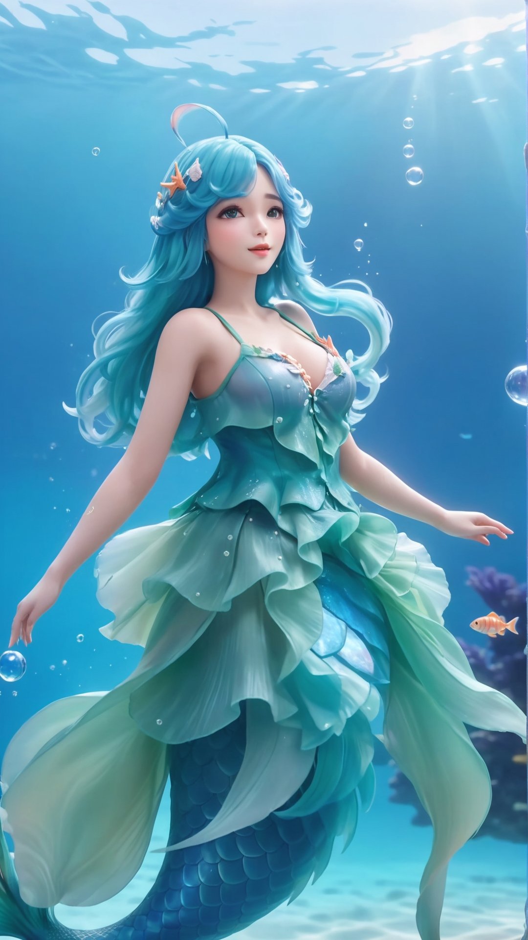 (1girl),smooth chin,masterpiece,detailed face,((hair ornament)),top quality,4k,make up,best quality,alone,single,solo,only one,one character,blush,(body blush),(detached sleeves),earrings,see-through clothes,(blue hair),under water,(head fins),long hair,(from below),ocean,head fins,fish tail,fish,huge breasts,arms up,fish tail,fish leg,Bouque,puffy hair,head wings,frilled skirt,frilled clothes,model,looking at viewer,mature male,frilled shirt,<lora:王者_朵莉亚_原皮_v1.0:0.65>,bubble skirt,green skirt,full body,(detached shirt),mermaid tail,puffy jacket,kneeless mermaid,