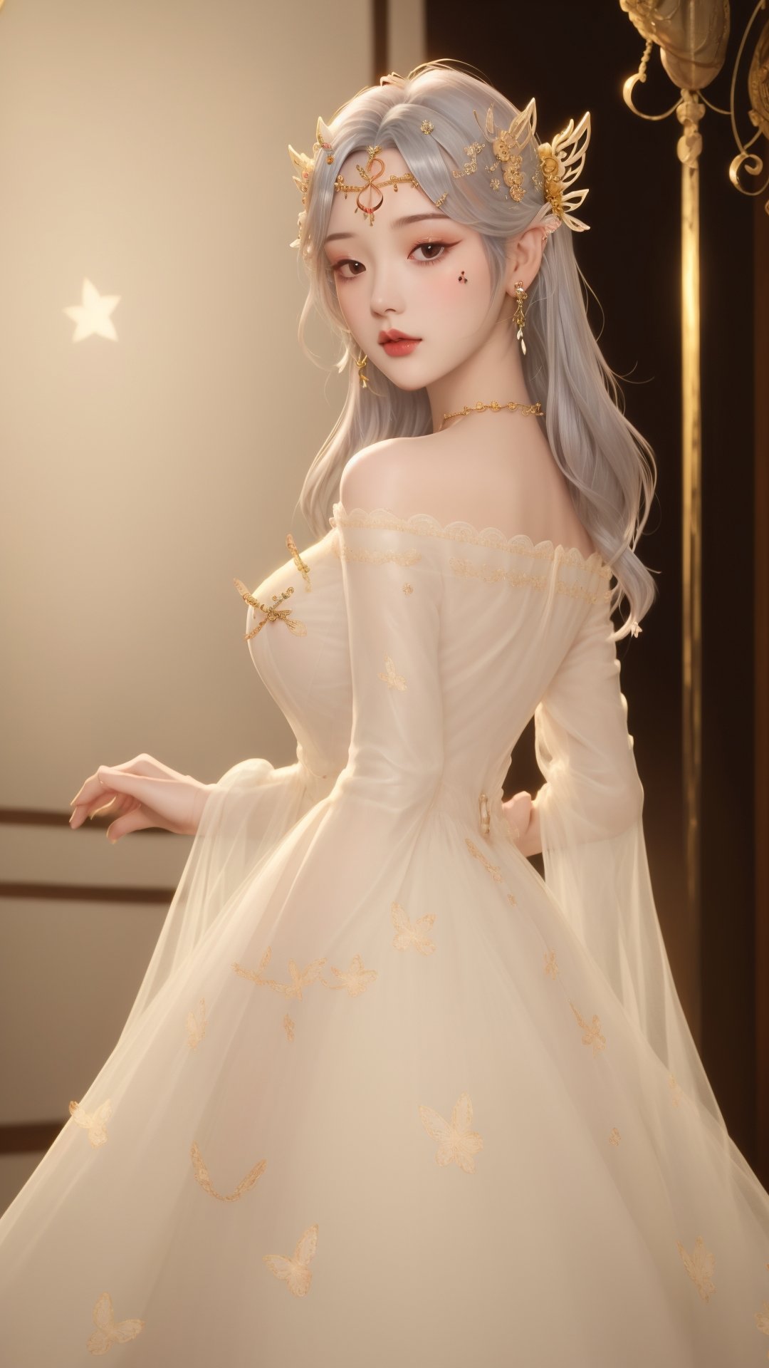 (1girl),smooth chin,masterpiece,detailed face,((hair ornament:1.7)),top quality,hand ornament,make up,best quality,alone,single,solo,only one,one character,blush,(body blush),(detached sleeves),earrings,(large breasts),full body,dress,long dress,see-through,yellow dress,lace dress,looking at viewer,<lora:王者_貂蝉_花开婚纱_v1.1:0.65>,thin face,silver hair,arms behind back, 