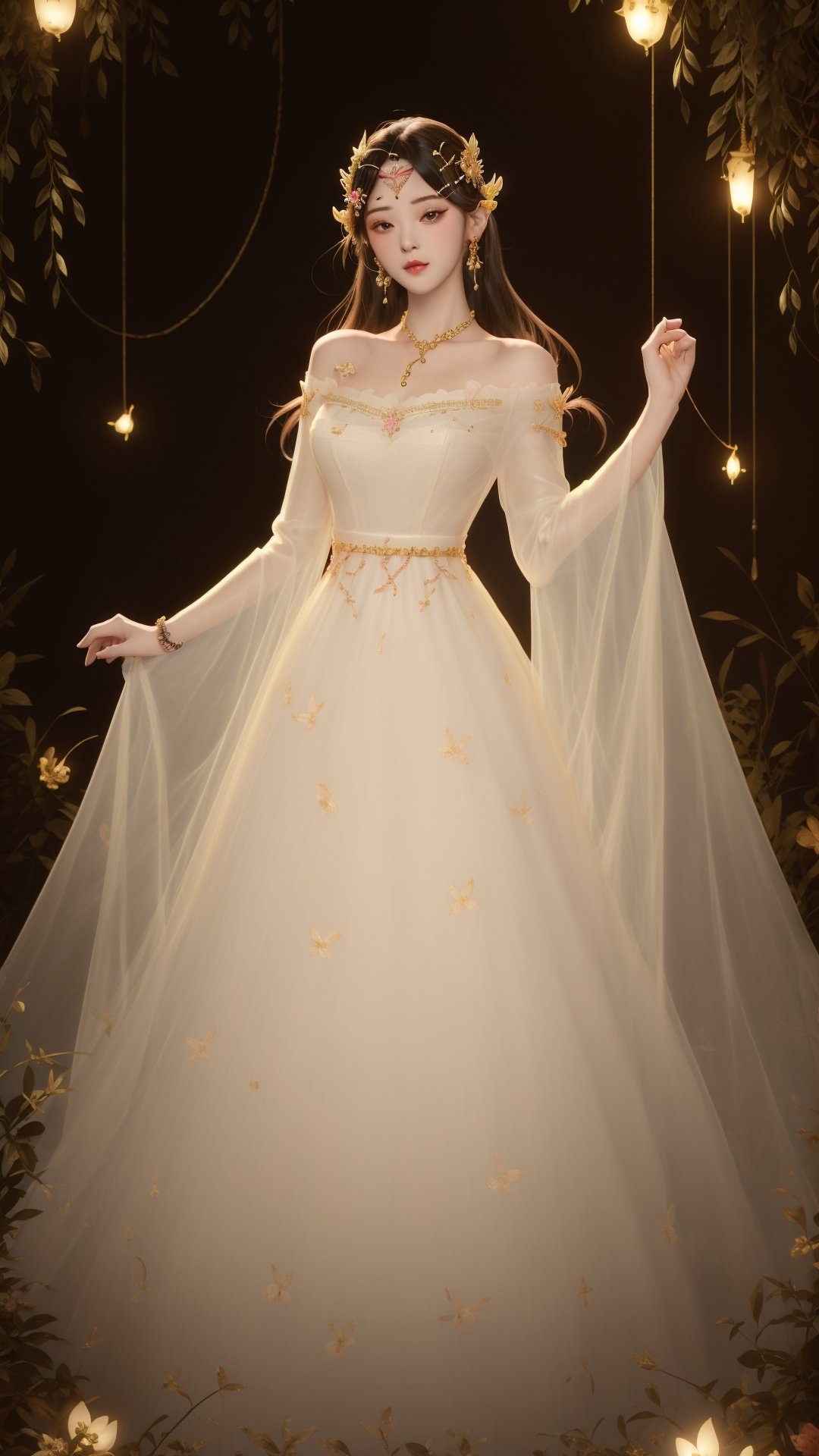 (1girl),smooth chin,masterpiece,detailed face,((hair ornament:1.7)),top quality,hand ornament,make up,best quality,alone,single,solo,only one,one character,blush,(body blush),(detached sleeves),earrings,(large breasts),full body,dress,long dress,see-through,yellow dress,lace dress,looking at viewer,<lora:王者_貂蝉_花开婚纱_v1.1:0.65>,thin face,