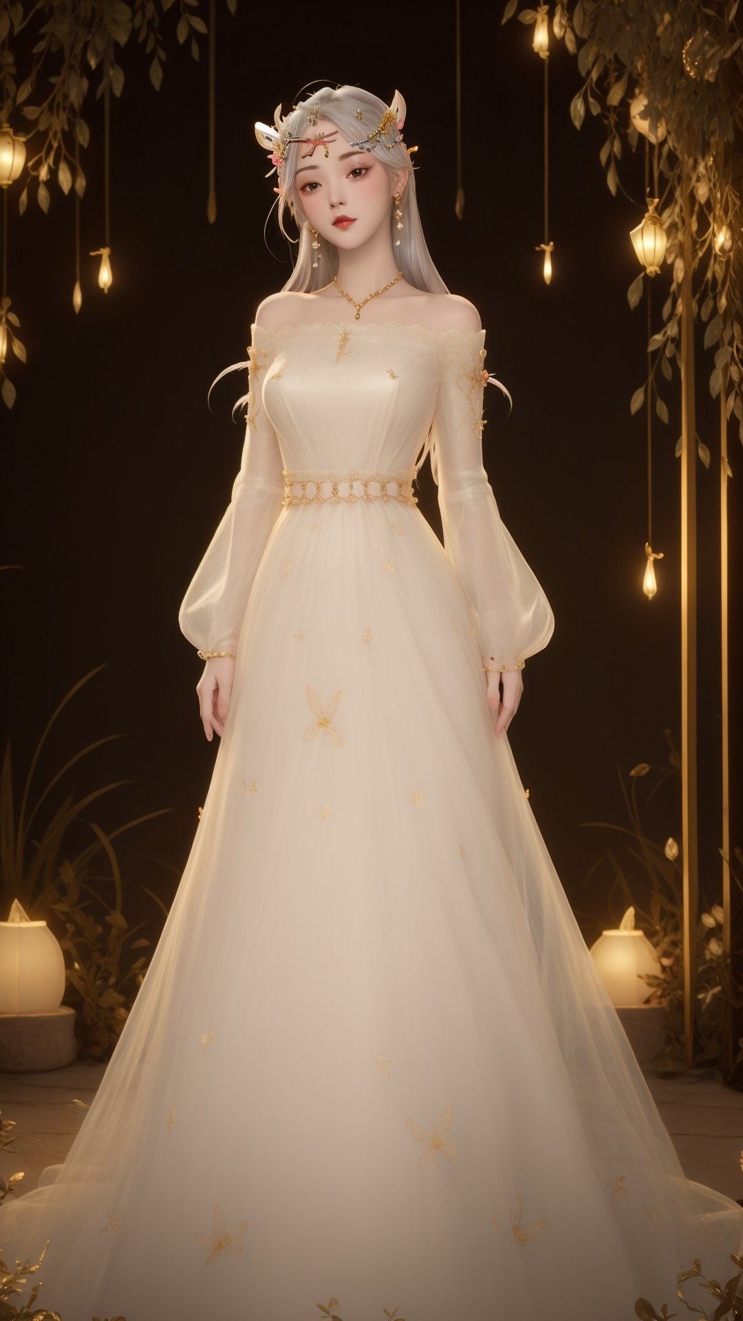 (1girl),smooth chin,masterpiece,detailed face,((hair ornament:1.7)),top quality,hand ornament,make up,best quality,alone,single,solo,only one,one character,blush,(body blush),(detached sleeves),earrings,(large breasts),full body,dress,long dress,see-through,yellow dress,lace dress,looking at viewer,<lora:王者_貂蝉_花开婚纱_v1.1:0.65>,thin face,silver hair,arms behind back, 