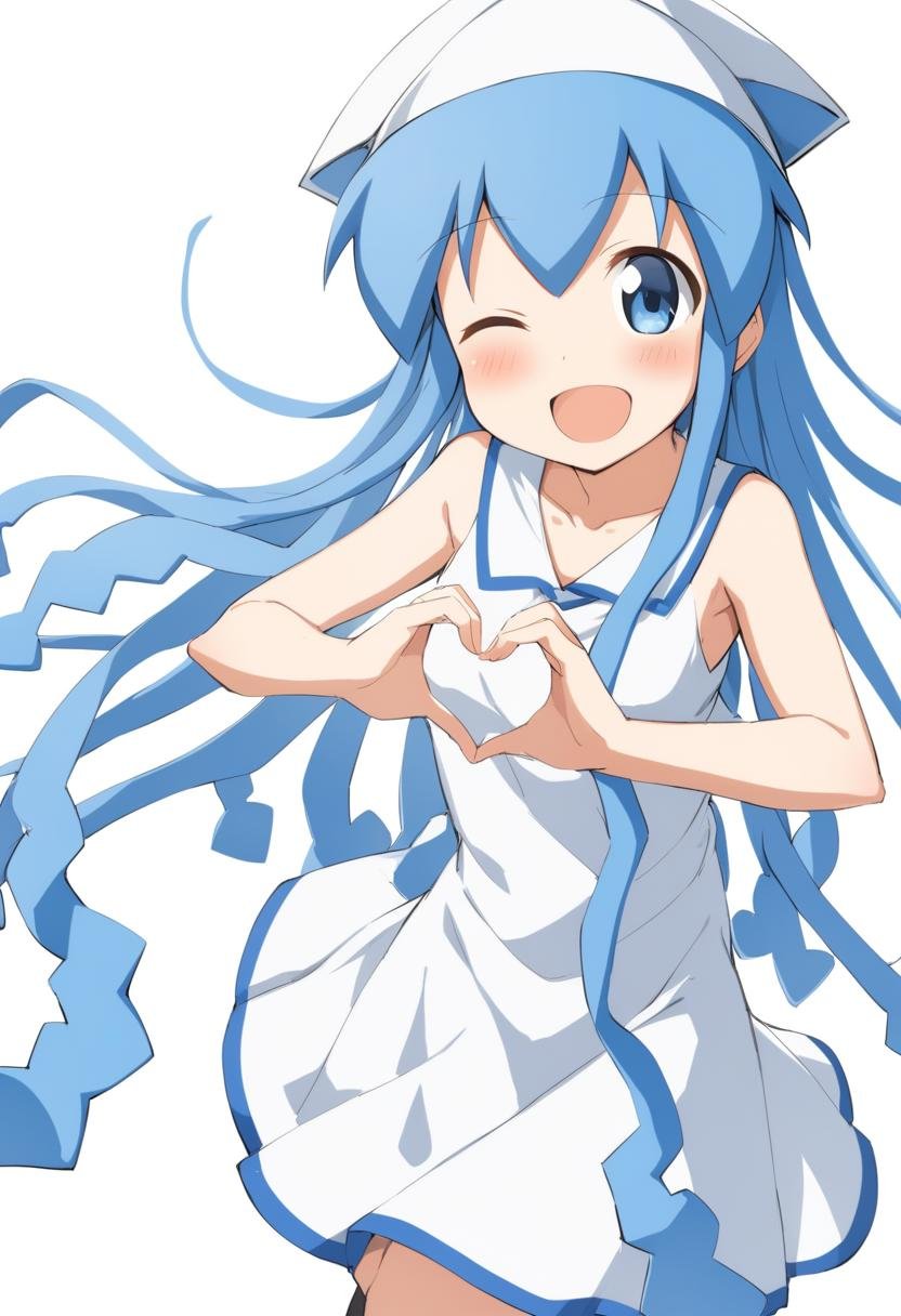 1girl, ika, solo, tentacle hair, one eye closed, dress, open mouth, long hair, heart, blue eyes, white background, hat, smile, blue hair, looking at viewer, white dress, simple background, sleeveless, ;d, blush, heart hands, sleeveless dress, collarbone, medium quality, late, <lora:char - ikamusume - v2 - bionagato:1>