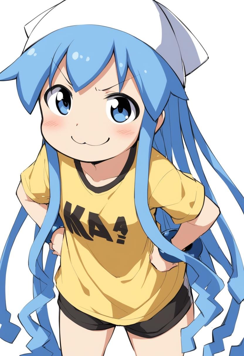 1girl, ika, solo, blue eyes, long hair, shorts, shirt, blue hair, hat, tentacle hair, white background, yellow shirt, looking at viewer, simple background, black shorts, v-shaped eyebrows, clothes writing, t-shirt, bracelet, jewelry, short sleeves, smile, =3, closed mouth, cowboy shot, white headwear, blush, doyagao, smug, hands on hips, standing, bangs, medium quality, late, <lora:char - ikamusume - v2 - bionagato:1>