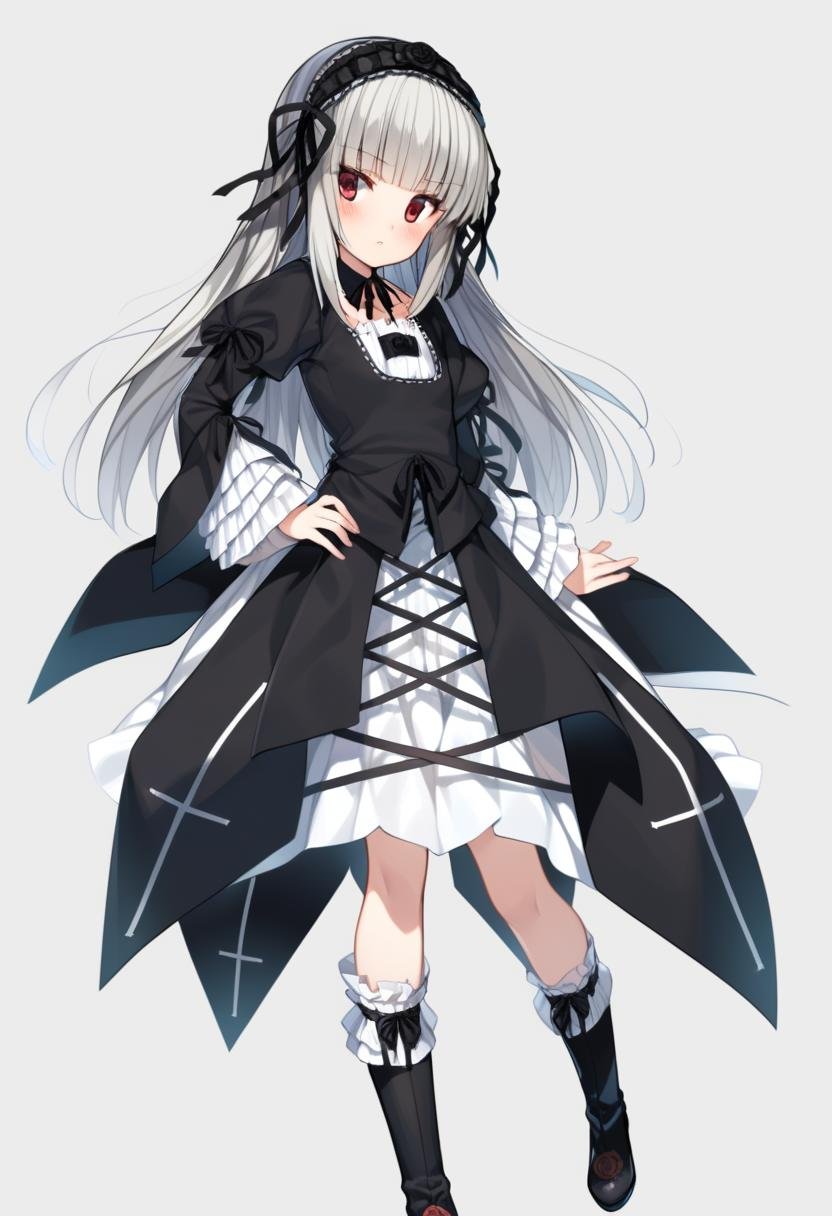 1girl, suigintou, solo, long hair, red eyes, dress, white background, boots, long sleeves, grey hair, hairband, simple background, black footwear, frills, bangs, looking at viewer, black dress, blush, hand on hip, black ribbon, high quality, late, <lora:char - suigintou - v1 - bionagato:1>