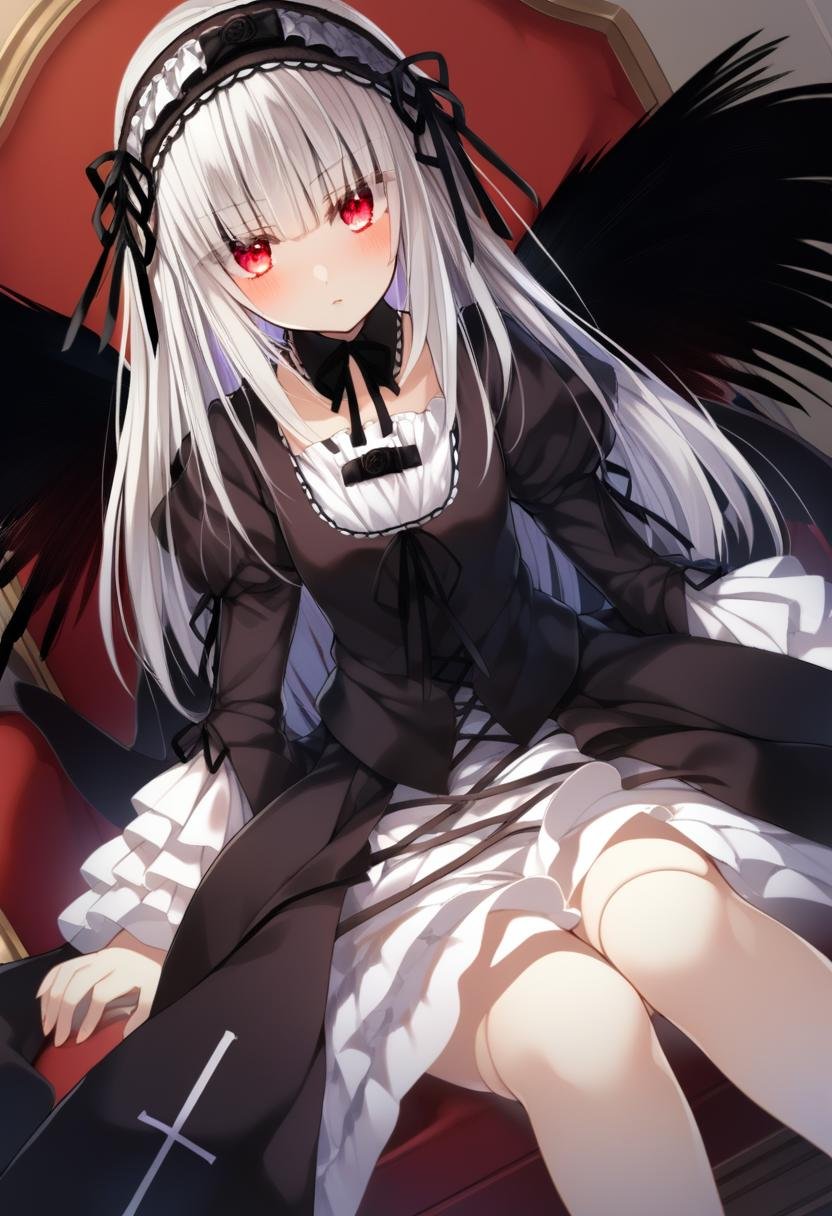 1girl, suigintou, glowing eyes, solo, red eyes, wings, long hair, dress, joints, hairband, white hair, feathers, blush, cross, looking at viewer, frills, sitting, eyes visible through hair, dark, low illumination, black dress, high quality, late, <lora:char - suigintou - v1 - bionagato:1>