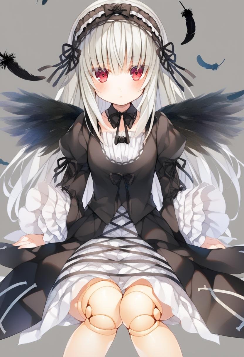 1girl, suigintou, solo, doll joints, red eyes, wings, long hair, dress, joints, hairband, white hair, graphite \(medium\), simple background, feathers, blush, looking at viewer, frills, sitting, eyes visible through hair, black dress, watercolor \(medium\), high quality, late, <lora:char - suigintou - v1 - bionagato:1>