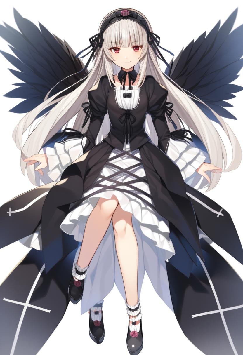 1girl, suigintou, solo, long hair, red eyes, dress, white background, wings, long sleeves, looking at viewer, bangs, simple background, hairband, black dress, black wings, ribbon, black footwear, frills, black ribbon, wide sleeves, closed mouth, smile, very long hair, puffy sleeves, juliet sleeves, high quality, late, <lora:char - suigintou - v1 - bionagato:1>